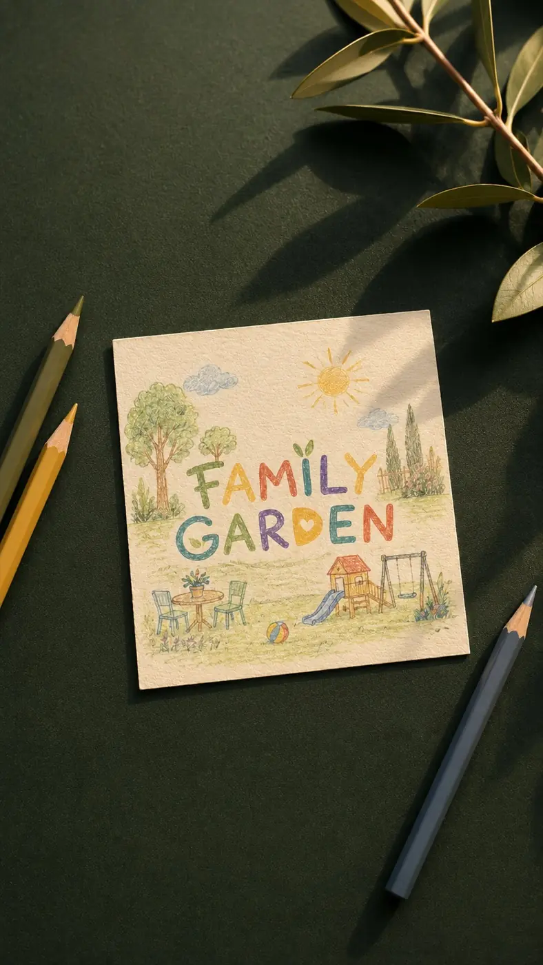 Il giardino illustrato del Family Garden del Cortile, con giochi e tavoli tra il verde