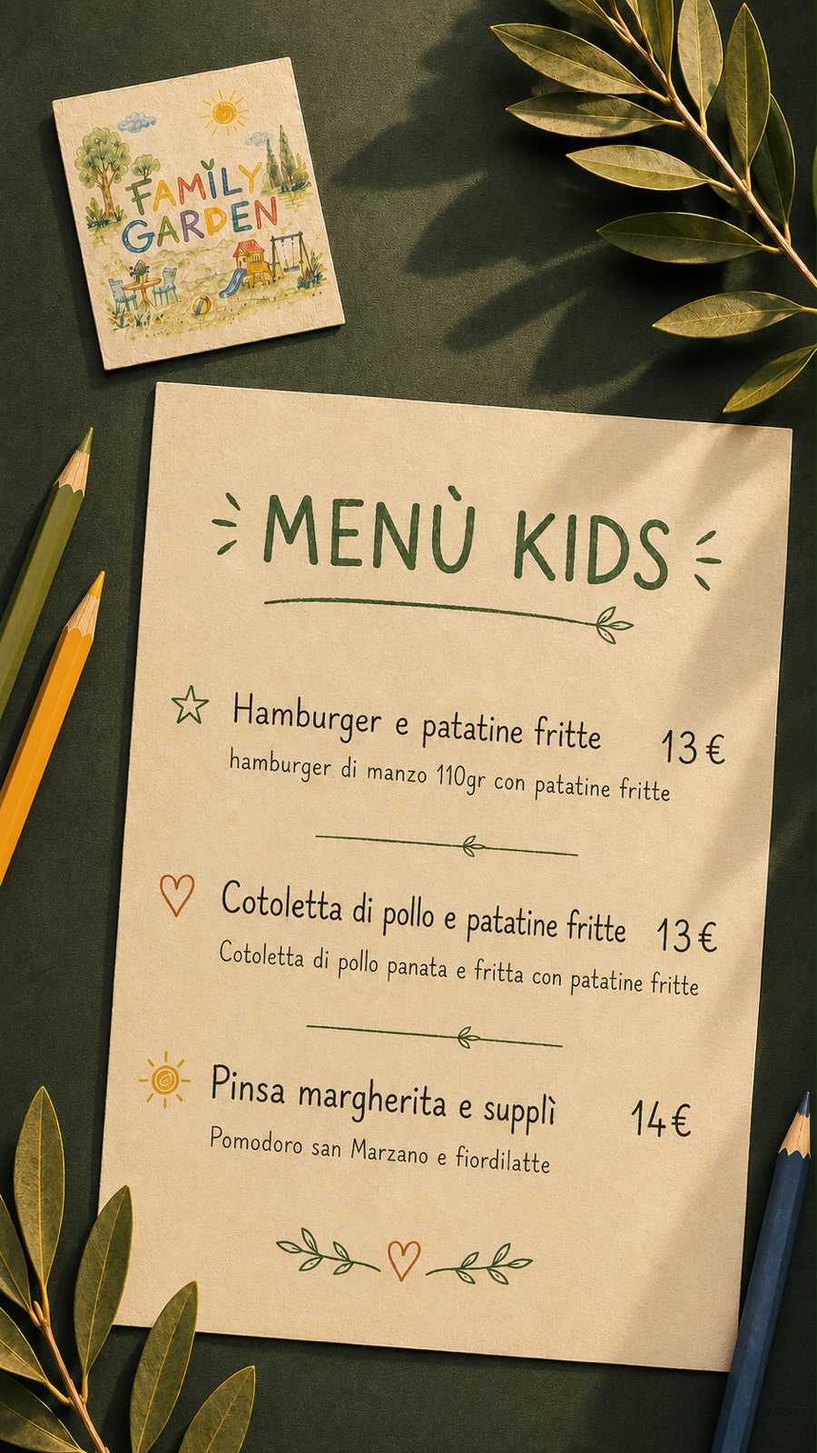 Il Menù Bambini del Family Garden: hamburger e patatine, cotoletta di pollo, pinsa margherita e supplì
