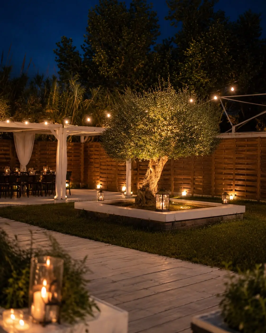 Il giardino del Cortile di sera, con l'ulivo illuminato tra i tavoli
